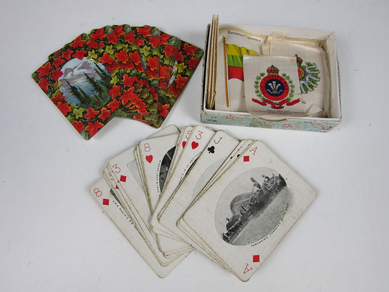 Vintage Canadian playing cards together with silk cigarette cards etc