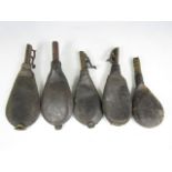 Five antique leather shot flasks