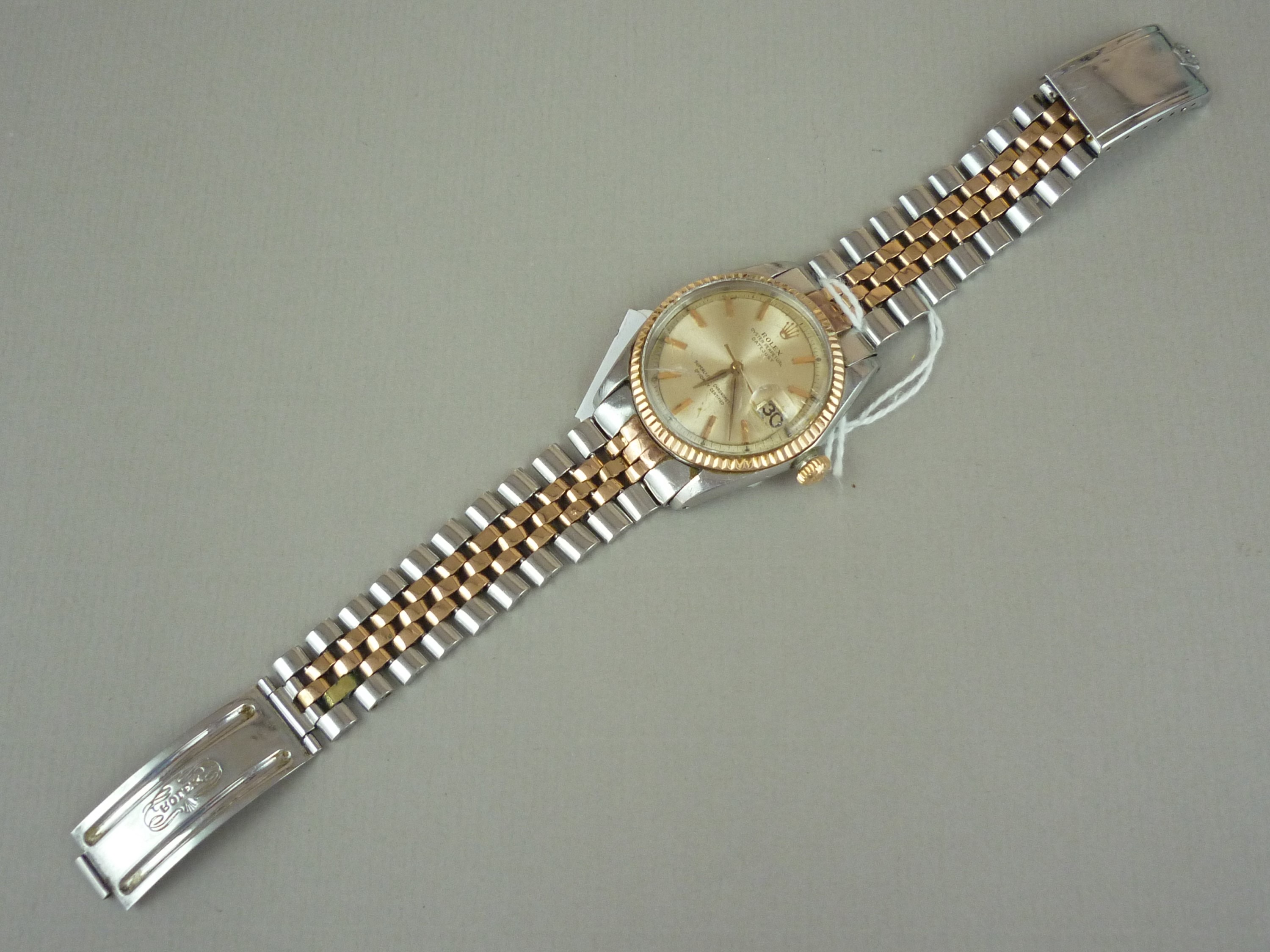 A Rolex bi-metallic Oyster Perpetual Datejust wrist watch, with Jubilee bracelet strap, 1958 or - Image 3 of 3