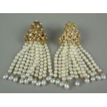 An impressive pair of diamond, pearl and high-carat yellow metal ear pendants, each of domed organic