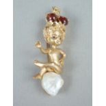 A vintage high-carat yellow metal, baroque pearl, sapphire and amber 'Monday's Child' brooch