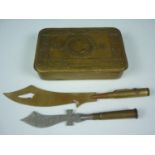 A 1914 Princess Mary gift tin and two trench art letter knives