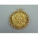 An uncommonly large yellow-metal St Christopher pendant, with engraved dedication verso, 18.9g,