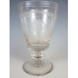 An early 19th Century wheel-cut glass rummer commemorating the Sunderland Bridge, engraved in