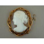 A 19th Century large shell cameo brooch on yellow metal, carved with the profile portrait of a