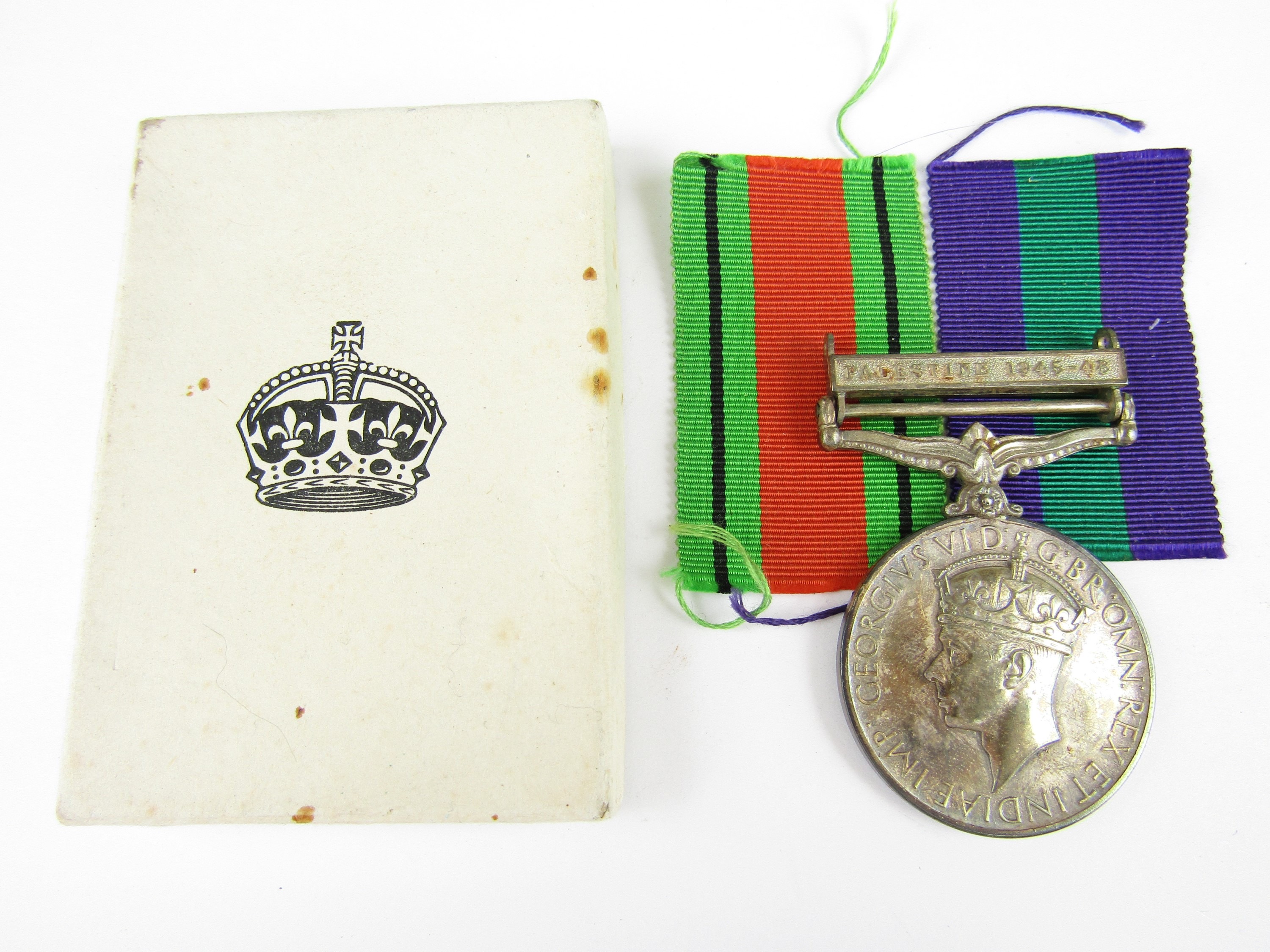 A General Service Medal with Palestine 1945-48 clasp to Mrs C Peyton