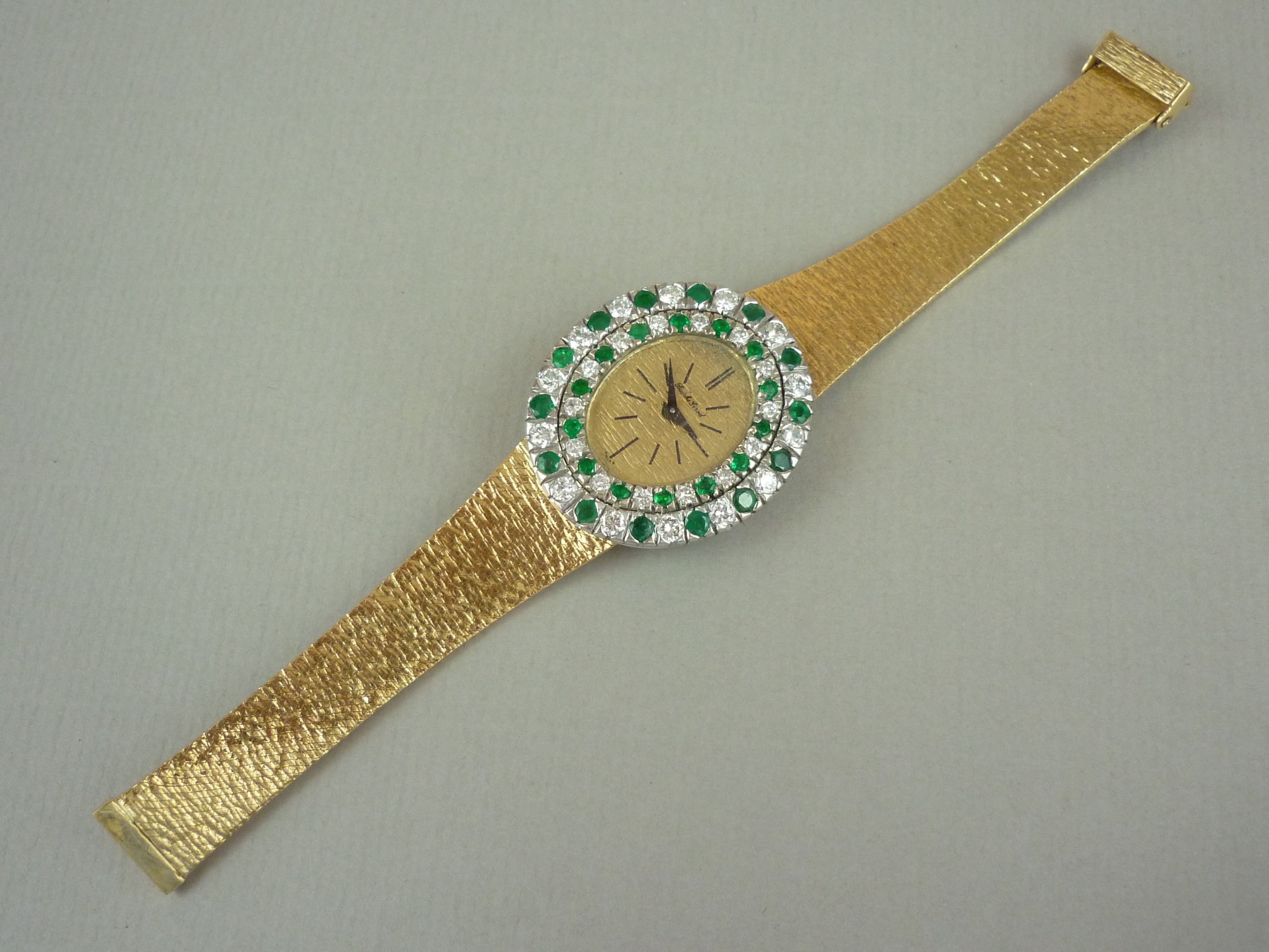 A vintage Bueche Ginod 18ct gold, diamond and emerald cocktail watch, having a mechanical - Image 3 of 3