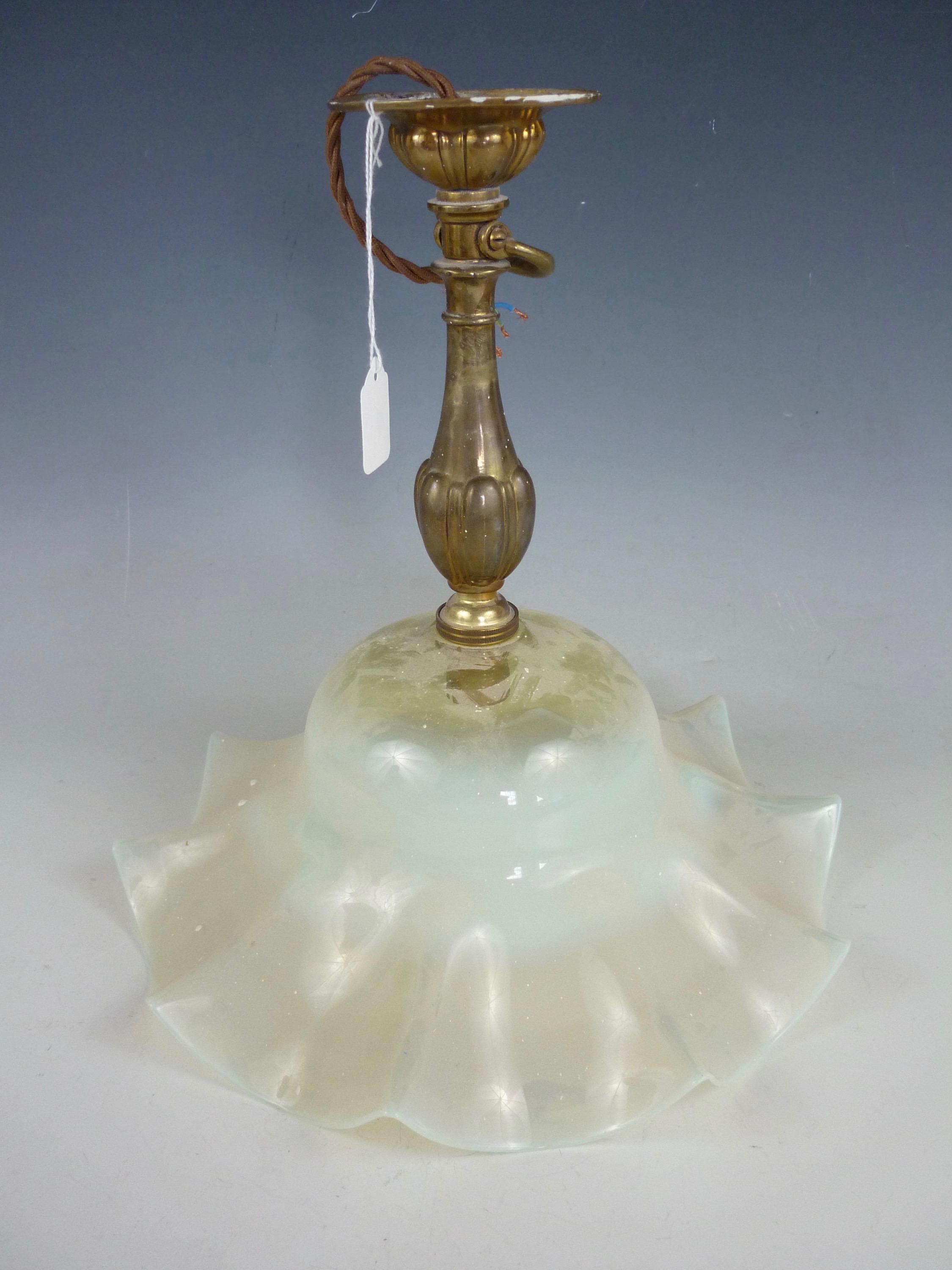 A late 19th / early 20th Century lacquered brass pendant ceiling light with vaseline glass shade, 32