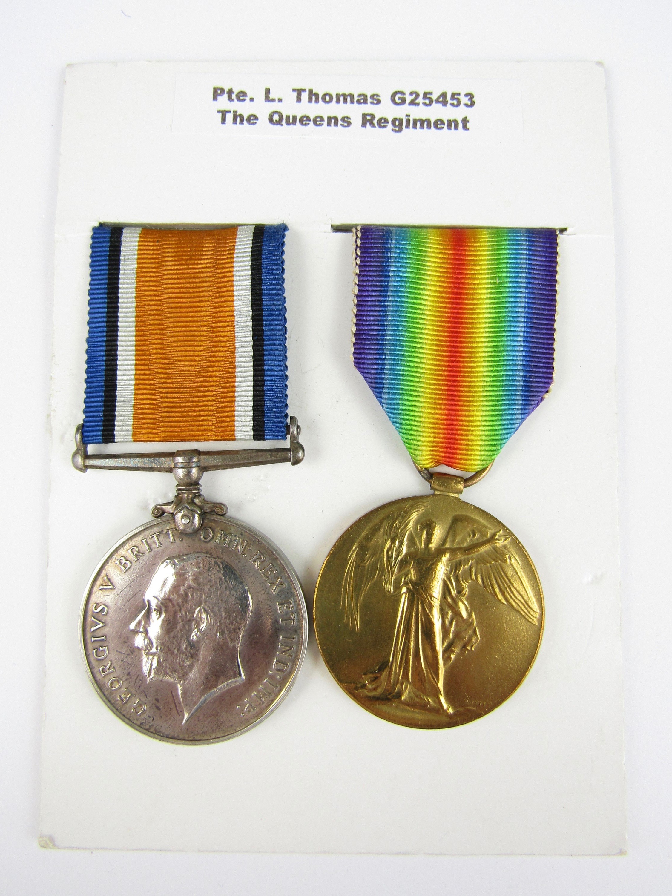 A British War and Victory Medal pair to G25453 Pte L Thomas, The Queen's Regiment