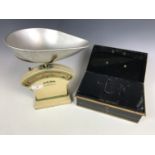 A vintage set of Salter No 30L cookery scales together with a cash box