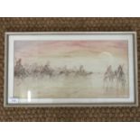 19th Century A Saharan desert view at sunset, coloured etching, framed and mounted under glass, 23 x