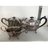 Two electroplate tea pots, a sugar basin and six King's pattern cake forks