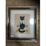 A late 19th / early 20th Century humorous needlework embroidery of a "good luck" black cat