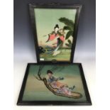 A pair of Chinese paintings depicting a female figure in a landscape, framed, 33 x 49 cm