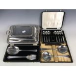 Three cased sets of vintage electroplate cutlery together with an entree dish