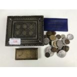 A quantity of coins, an early 20th Century German brass stamp box and a North African micro-mosaic