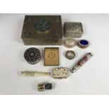 Sundry collectors' items including a Chinese brass table cigarette box, various trinket and pill