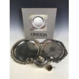 A boxed Oneida tray together with an electroplate tray, a teapot and a tea strainer