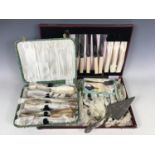 A cased canteen of electroplate cutlery together with cased fish eaters etc