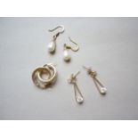 Three pairs of yellow metal earrings, one pair of half hoop form set with paste stones