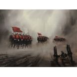 John Bampfield, Soldiers marching, atmospheric scene depicted in heavy impasto, oil on canvas,