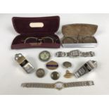 Sundry collectors' items including an LNWR whistle, two lapel badges, two ladies' wrist watches