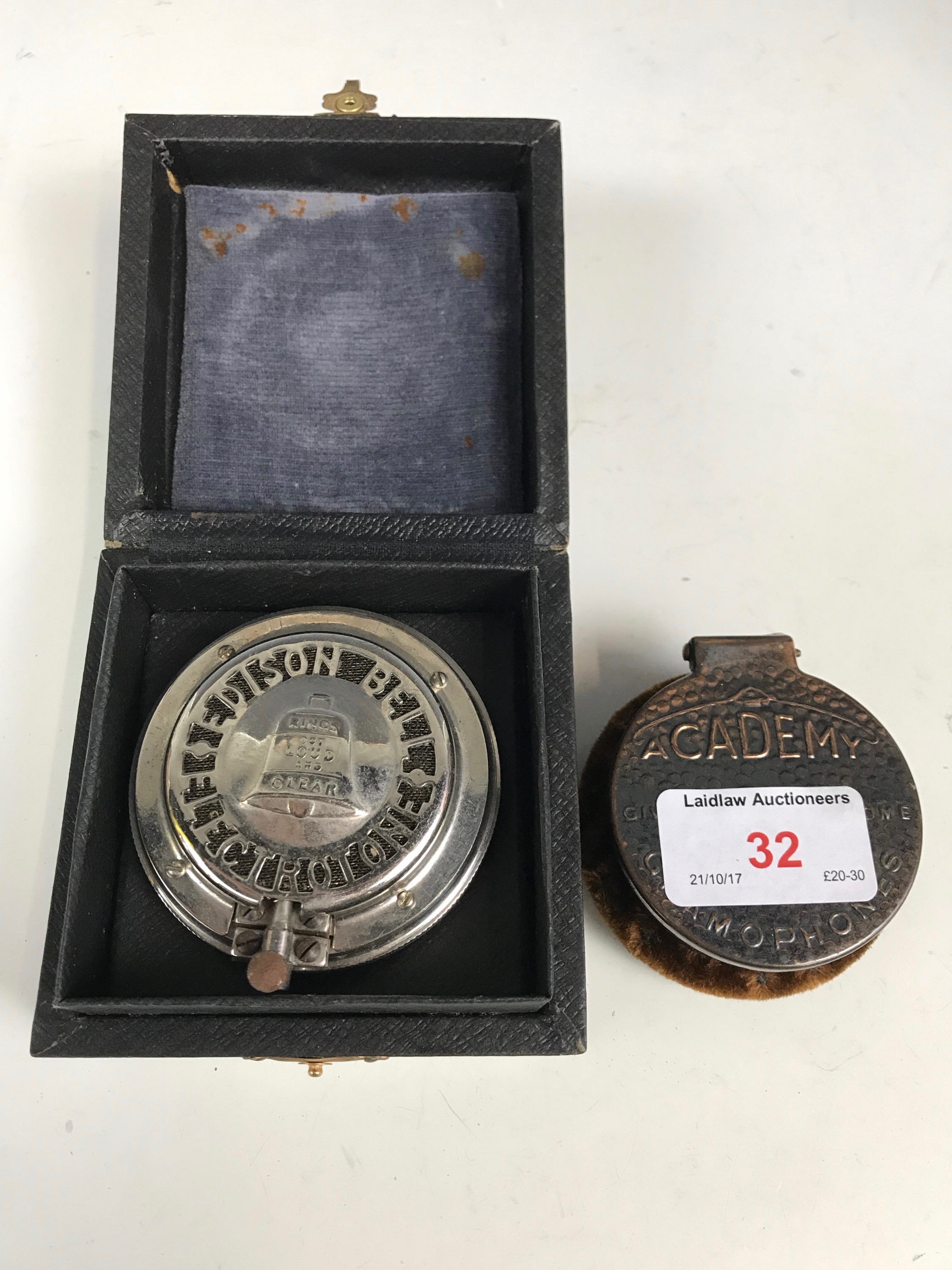 An Edison Bell Electrotone gramophone sound box together with an Academy needle tin / record