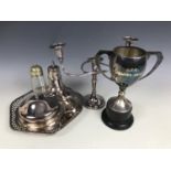 Sundry items of electroplate including a candelabrum, sugar castor, tray and trophy cup