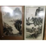 Two oriental paintings on rice paper, framed and mounted under glass, 66 x 43 cm and 66 x 33 cm