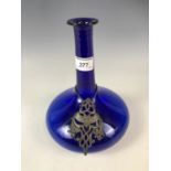 A Victorian blue glass mell decanter with electroplate bottle ticket