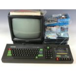 An Amstrad CPC464 keyboard with monitor and thirty nine games