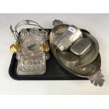 An electroplate breakfast cruet together with an electroplate oval dish, two soap containers, a