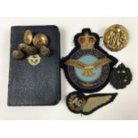 RAF insignia including a Second World War plastic cap badge and an Air Gunner's brevet, together