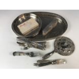 Electroplate oval and circular gallery trays together with various items of cutlery, a silver backed