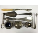 A silver salt, together with sugar nips, shoe horn etc