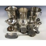 Three electroplate hotel ware ice buckets (one a/f), together with coaster sets and table ware etc