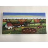 Susan Lincoln (contemporary, Cumbria) Panoramic highly stylized depiction of a farm with pigs,