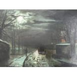 Walter Linsley Meegan (1859-1944) Moonlit winter night from the perspective of a town road with