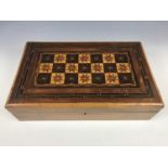 A late 19th Century parquetry veneered satinwood sewing box, opening to reveal a fitted interior, 36
