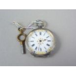 A late Victorian lady's silver cased fob watch, having key wound lever movement, a white enamelled