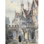 H*** H*** (19th Century) Street scene with hot air balloon and Tudor buildings, to the fore a