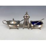 A George V silver cruet set, comprising pepperette, mustard and salt, William Suckling Ltd,