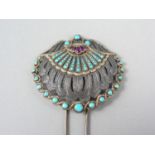 A Belle Epoch turquoise and ruby set parcel-gilt white metal hair pin