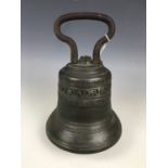 A late 17th Century cast bell, bearing the inscription ADRIAEN DOP FECIT, Ao, 1680, having a