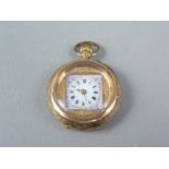 A late Victorian lady's 14K gold fob watch, with crown wound lever movement, a square white