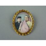 An early 20th Century yellow-metal double pendant locket brooch containing a portrait miniature of