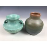 Two Pilkington's Royal Lancastrian vases, each having mottled green and blue matt glazes, 15 cm