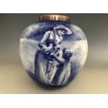 A Royal Doulton vase, of ovoid form, decorated in blue with a sentimental figural scene of a young