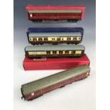 Three boxed Hornby Dublo electric OO Gauge railway carriages, including D 20 Composite Restaurant