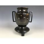 A late Meiji / Taisho Japanese koro or urn, bronzed and bearing an engraved, silver-inlaid and